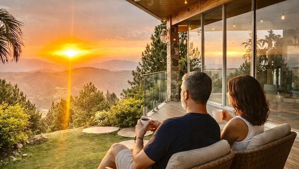 A couple sitting on wicker chairs overlooking a scenic view of a sunset and mountains.