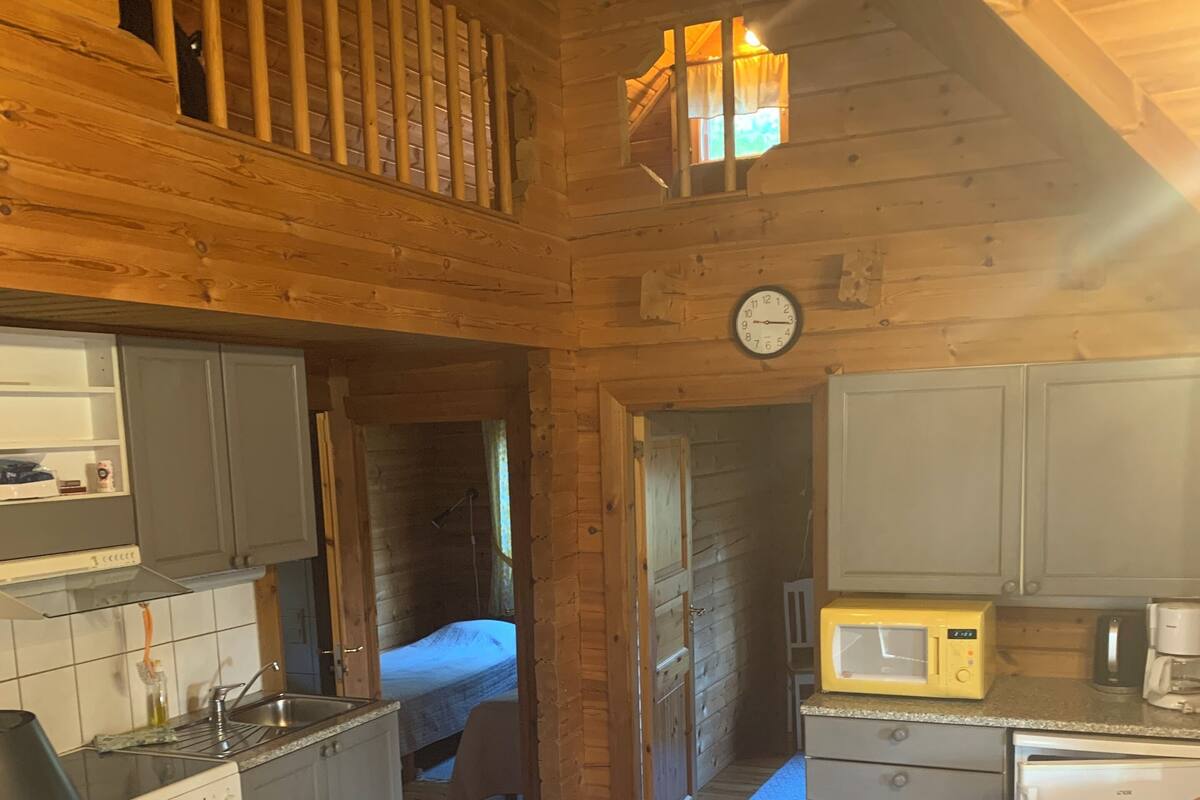 A cozy cabin with a kitchen, a dining area, and a loft bedroom.