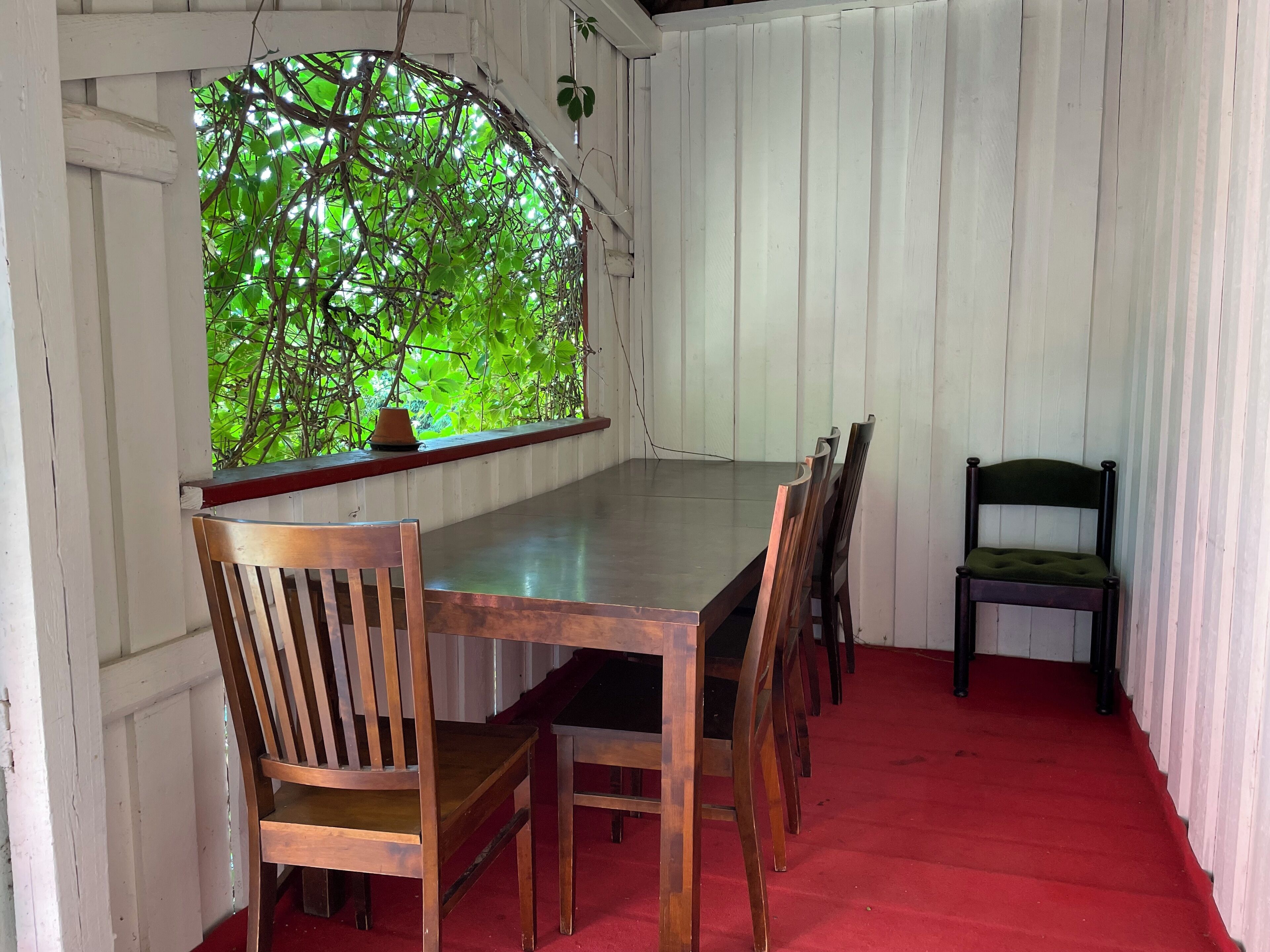 A dining area with a wooden table and chairs, a window with a view of green foliage, and a red carpet.