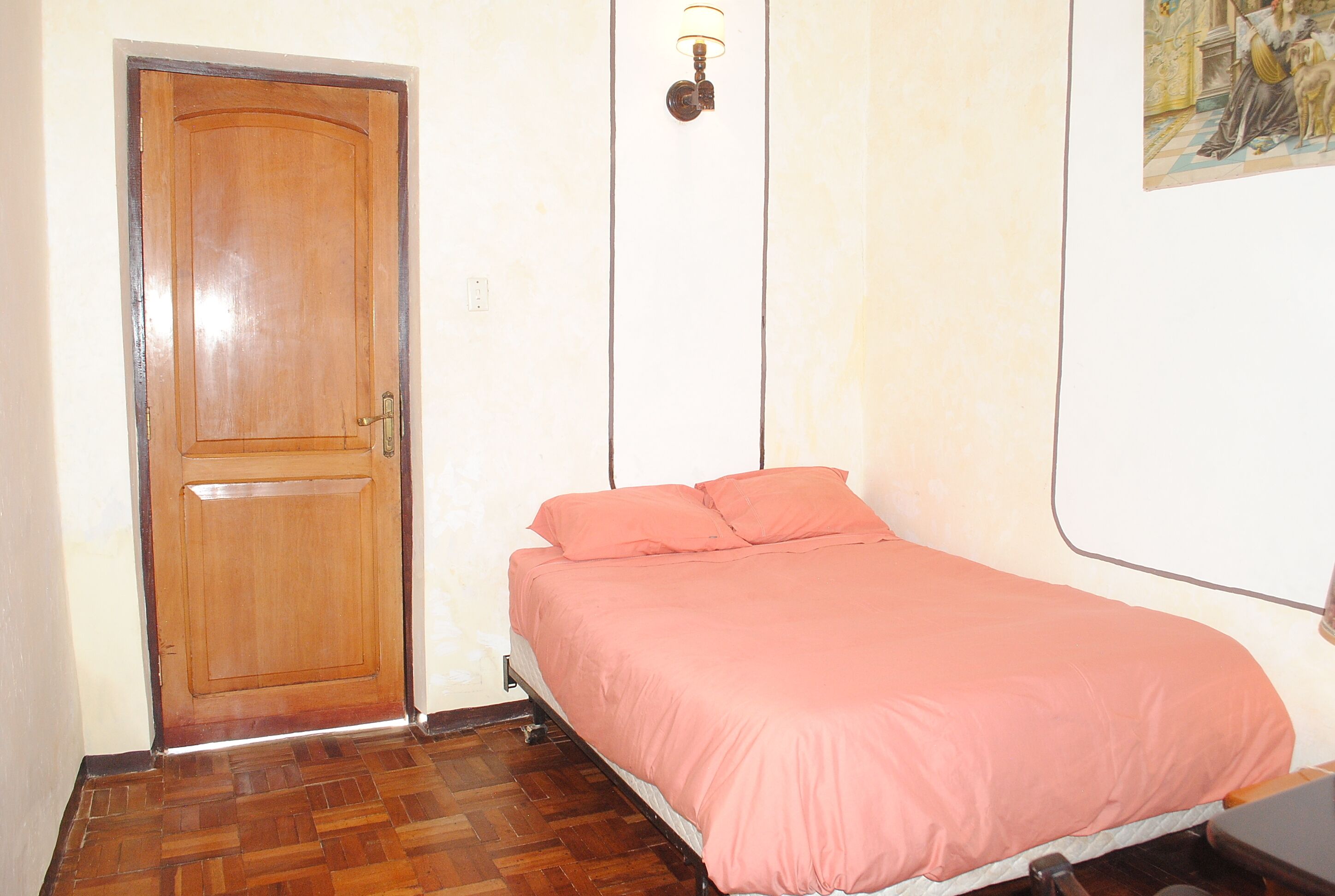 A bedroom with a wooden door, a bed with pink bedding, a wall-mounted light, and a painting on the wall.