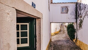 A narrow cobblestone alleyway between buildings with a small window and a door with a number sign. - CAM - Aguarelas Francesas T2 (Obidos)