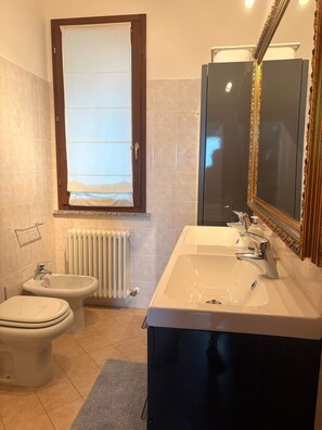 Regadera, secadora de cabello, bidet, toallas 