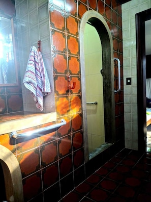 Dusche, Haartrockner, HandtĂŒcher, Seife