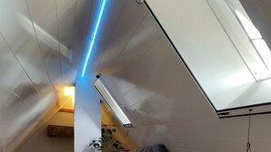 A spacious attic room with sloped ceilings, skylights, and a wooden floor.