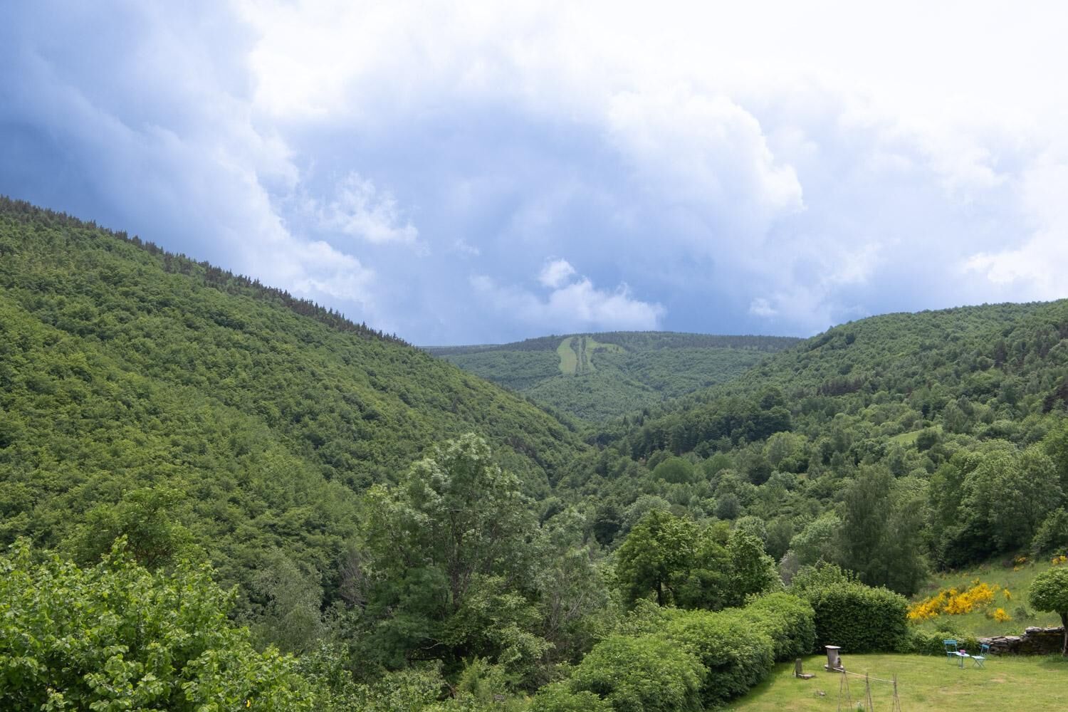 Ein üppiges, grünes Tal mit dichtem Wald, eine Steinstruktur auf einem Hügel und eine kleine Lichtung mit Stühlen und Tisch.