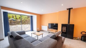 A modern living room with a sofa, a TV, and a fireplace. - Lozeret vacation rentals (CUBIERES)
