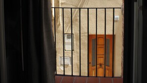 Un balcón con una planta en maceta, una ventana y una puerta.
