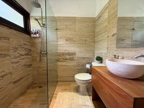 Hair dryer, towels, soap, toilet paper