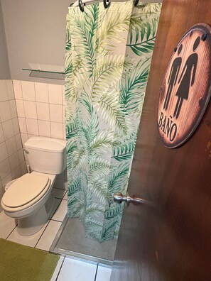 Shower, soap, shampoo, toilet paper