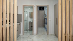 A hallway with a glass shower door, a wooden door with a television above it, and a marble floor. - Πολυτελής σουιτα με ιδιωτικη πισινα και υπέροχη θέα στο Αιγαίο! (Paros)