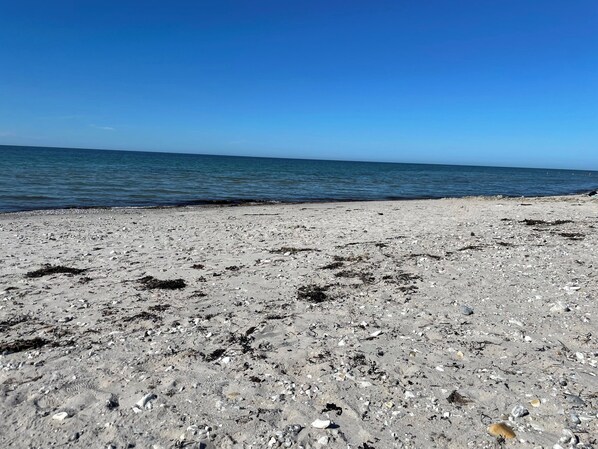 A beach with a clear sky and calm sea.