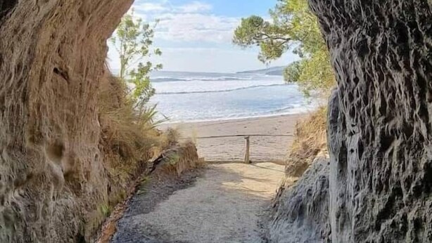 Un sentier menant à une plage bordée d’une falaise rocheuse.