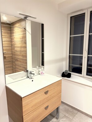 Séchoir à cheveux, serviettes fournies, savon, papier de toilette