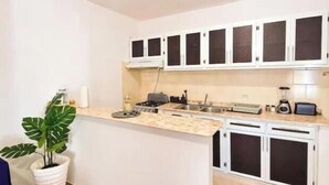 Une cuisine compacte avec des meubles blancs, un îlot central et une plante en pot.