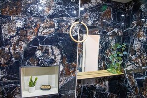 Hair dryer, towels, soap, toilet paper