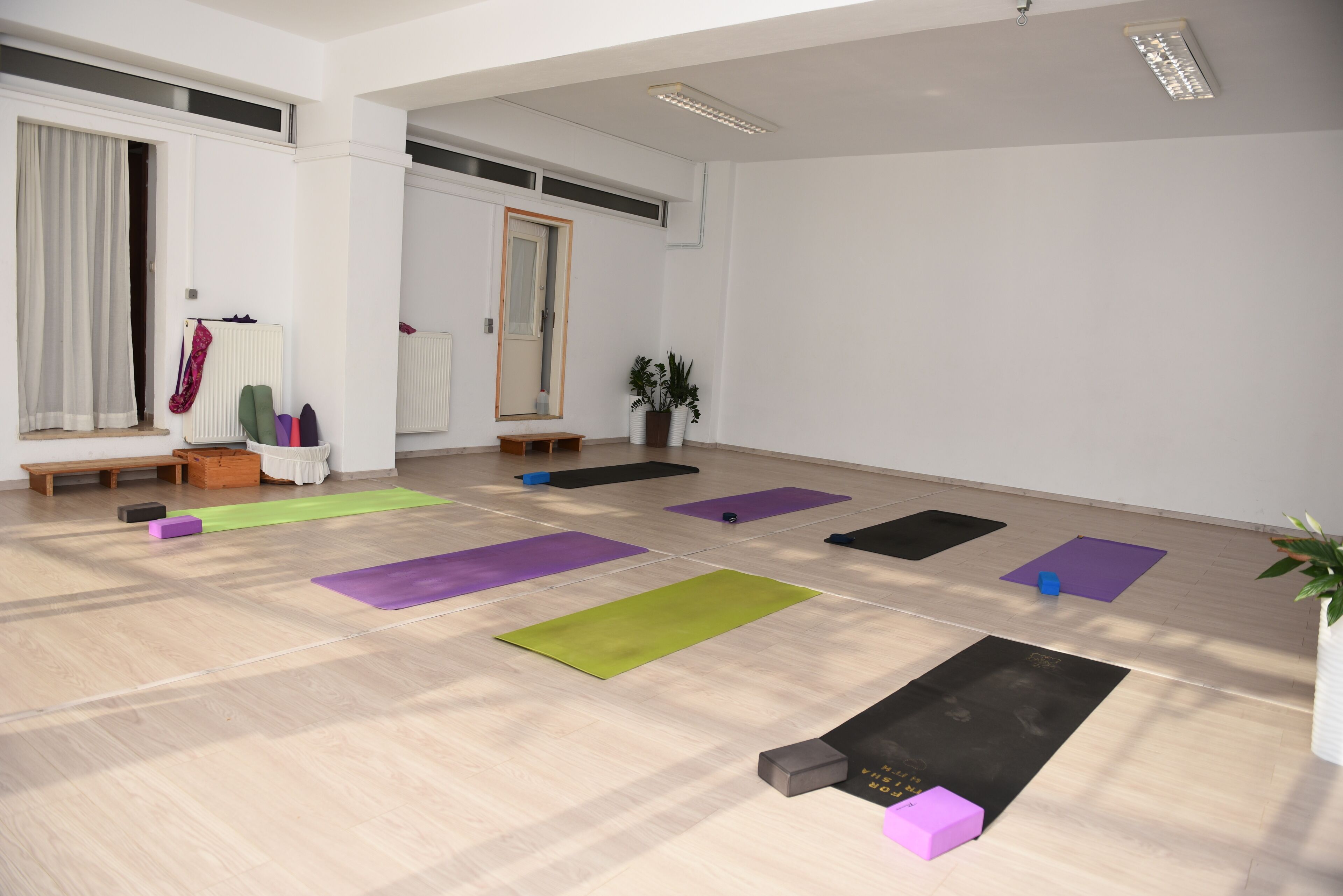 Un'ampia stanza con pavimento in legno, diversi tappetini da yoga, una panca, un termosifone, uno specchio e una pianta in vaso.