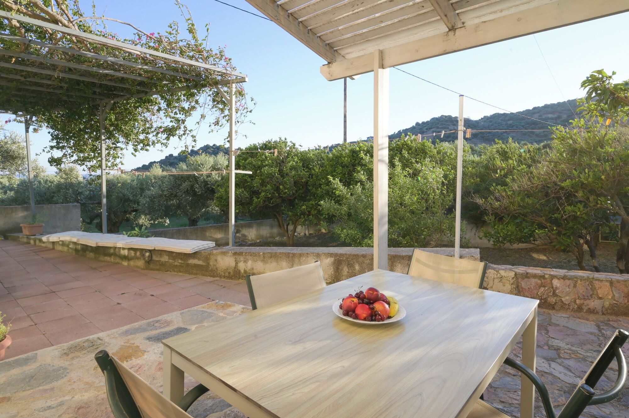 An outdoor patio with a table and chairs, a fruit bowl on the table, and a pergola with climbing plants.