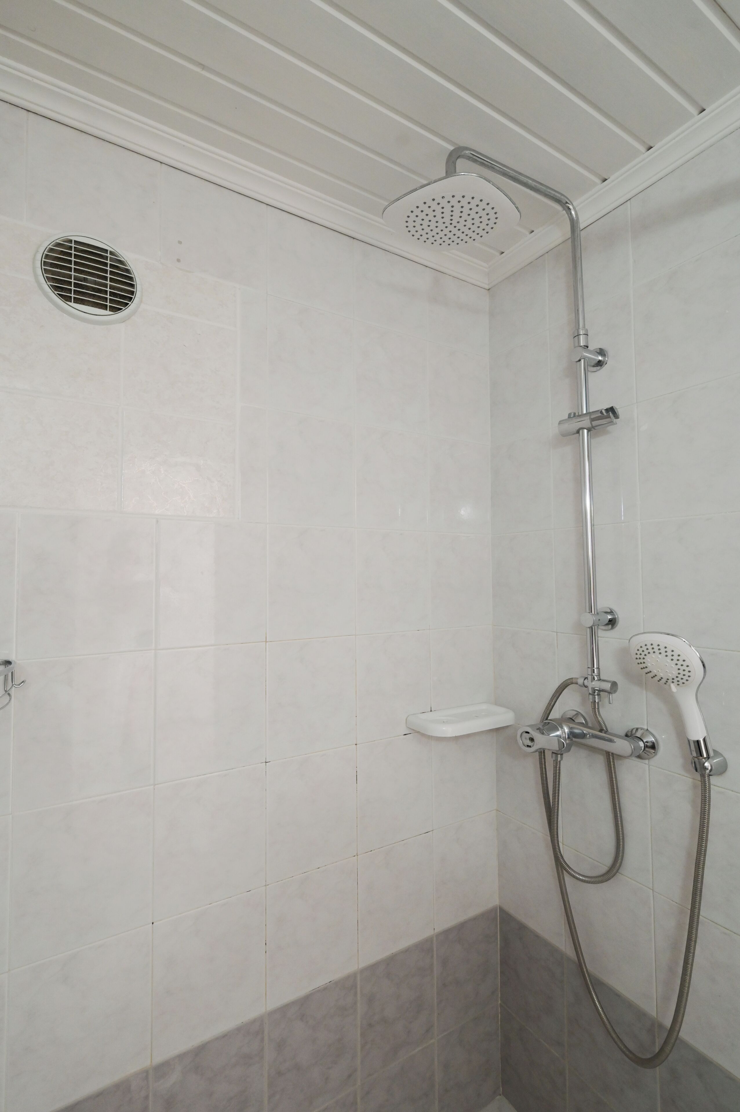 A shower area with a handheld showerhead, a wall-mounted showerhead, and a handheld shower brush.
