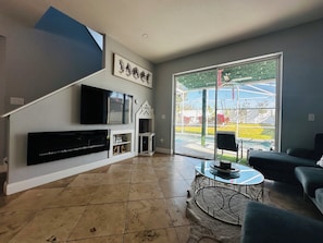 Smart TV, fireplace, foosball, printers