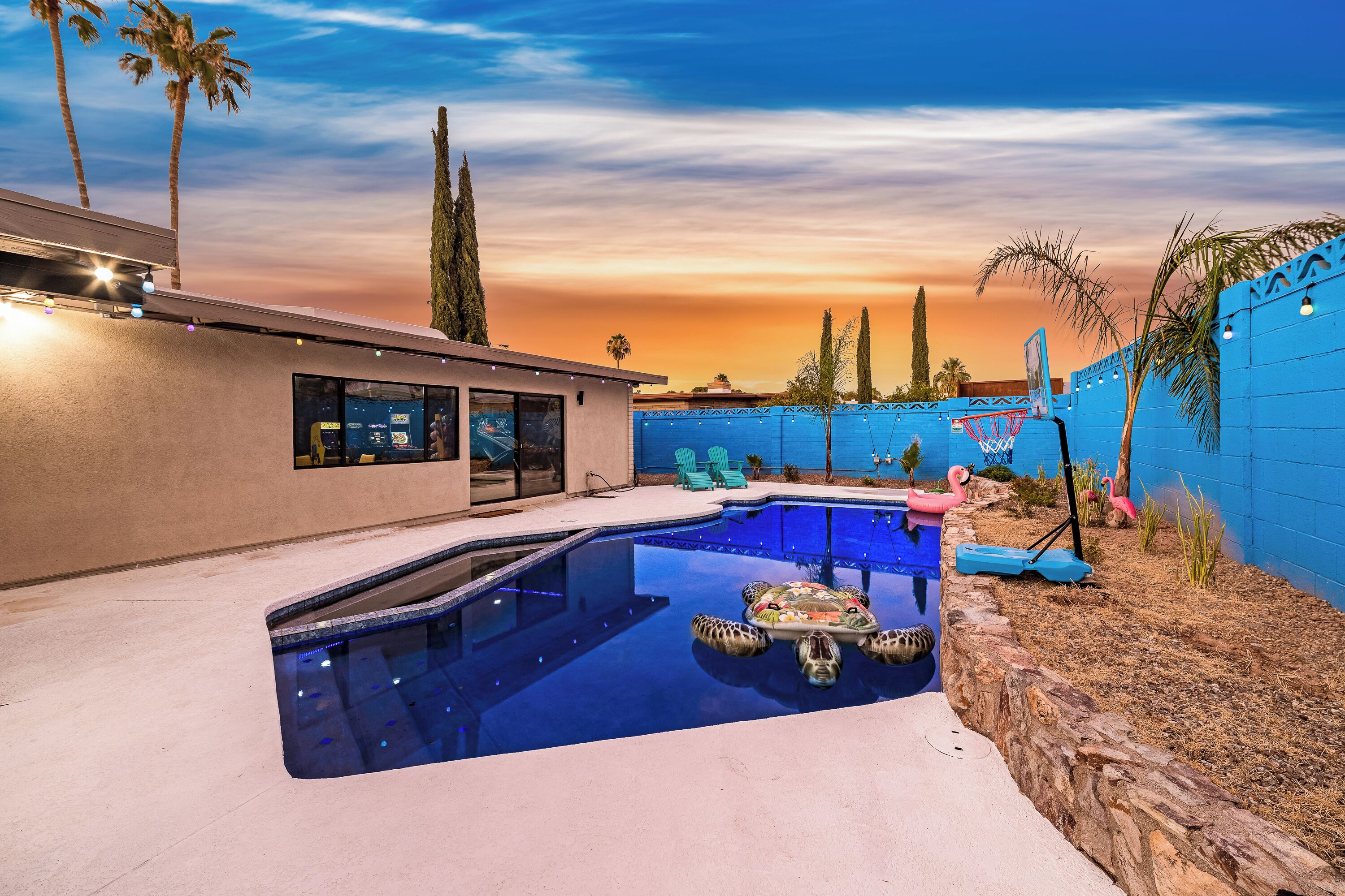 An outdoor swimming pool with a turtle decoration, surrounded by a modern house and palm trees.
