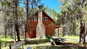 Una cabaña rústica con chimenea de piedra, una fogata y mesas de picnic en un entorno boscoso.
