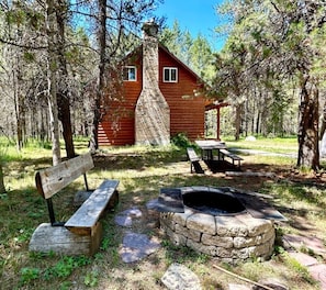 Une cabane rustique avec une cheminée en pierre, des bancs en bois, un foyer et une table de pique-nique, le tout situé dans un cadre forestier.