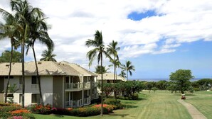A two-story building with a balcony, surrounded by palm trees and a well-maintained lawn.