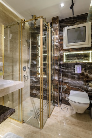 Shower, hair dryer, towels, soap