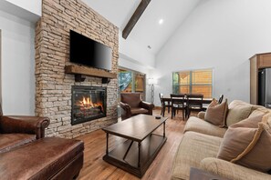 Smart TV, fireplace, books