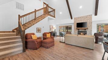 Smart TV, fireplace, books