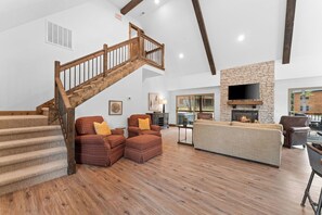 Smart TV, fireplace, books