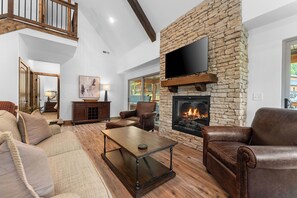 Smart TV, fireplace, books