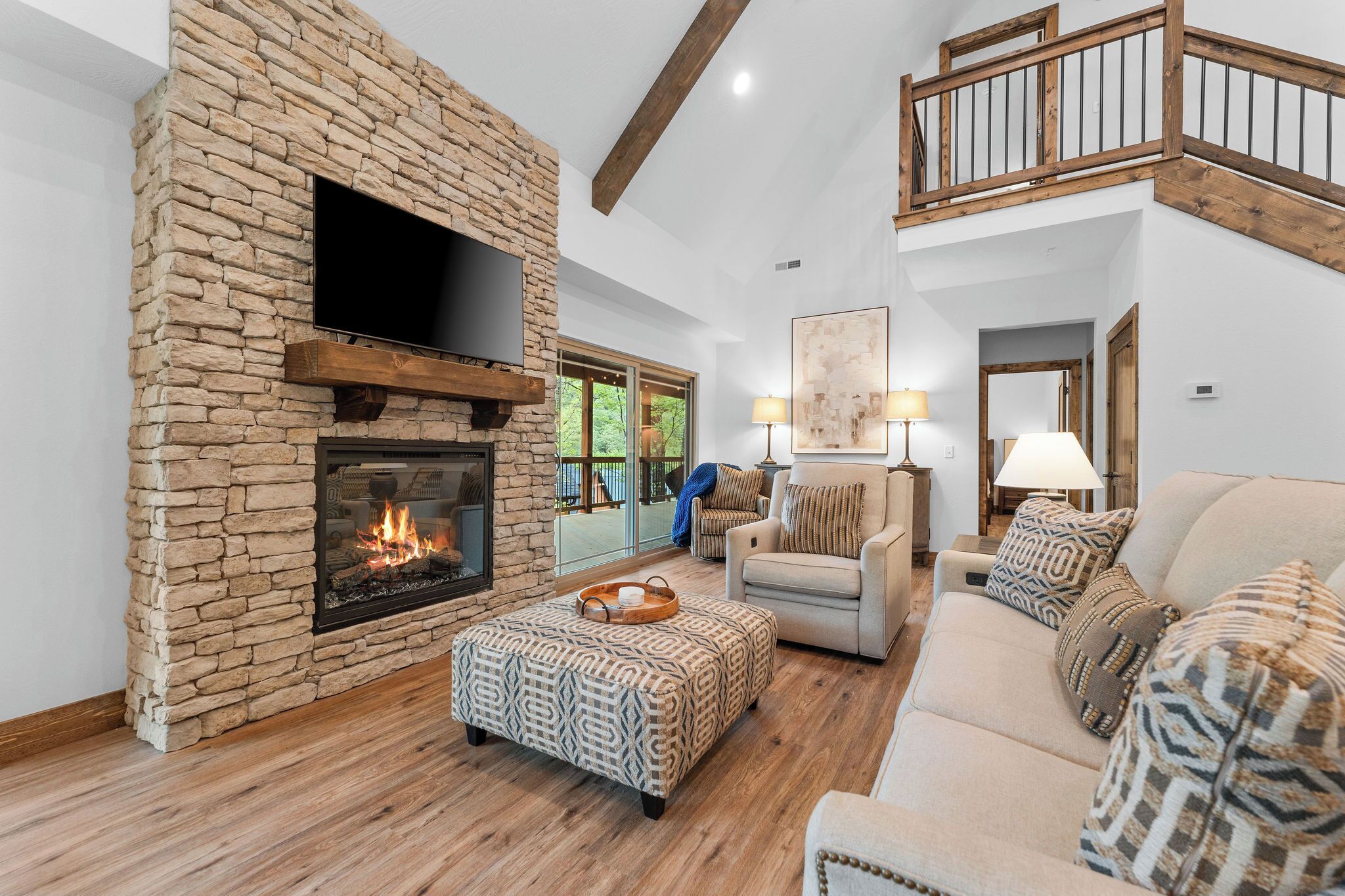 Smart TV, fireplace, books