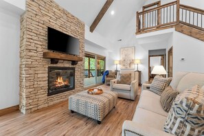 Smart TV, fireplace, books