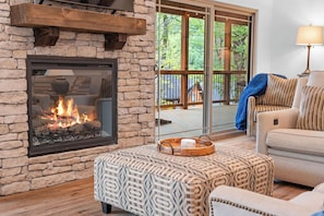 Smart TV, fireplace, books