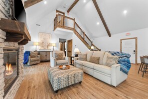 Smart TV, fireplace, books