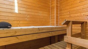 A wooden sauna room with benches and a bench seat.