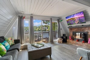 Smart TV, fireplace, books