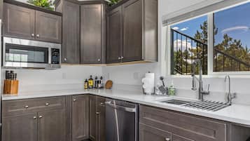 Fridge, microwave, dishwasher, coffee/tea maker