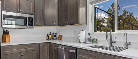 Fridge, microwave, dishwasher, coffee/tea maker