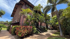 Un bâtiment doté d’une façade en pierre, d’un escalier et entouré d’une végétation tropicale.