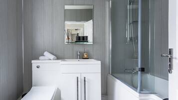 Hair dryer, towels, soap, shampoo