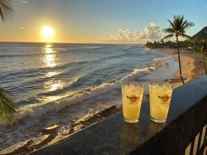 On the beach, sun-loungers, beach towels