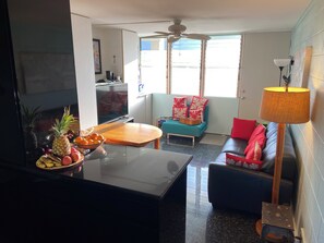 Smart TV, DVD player, books, music library