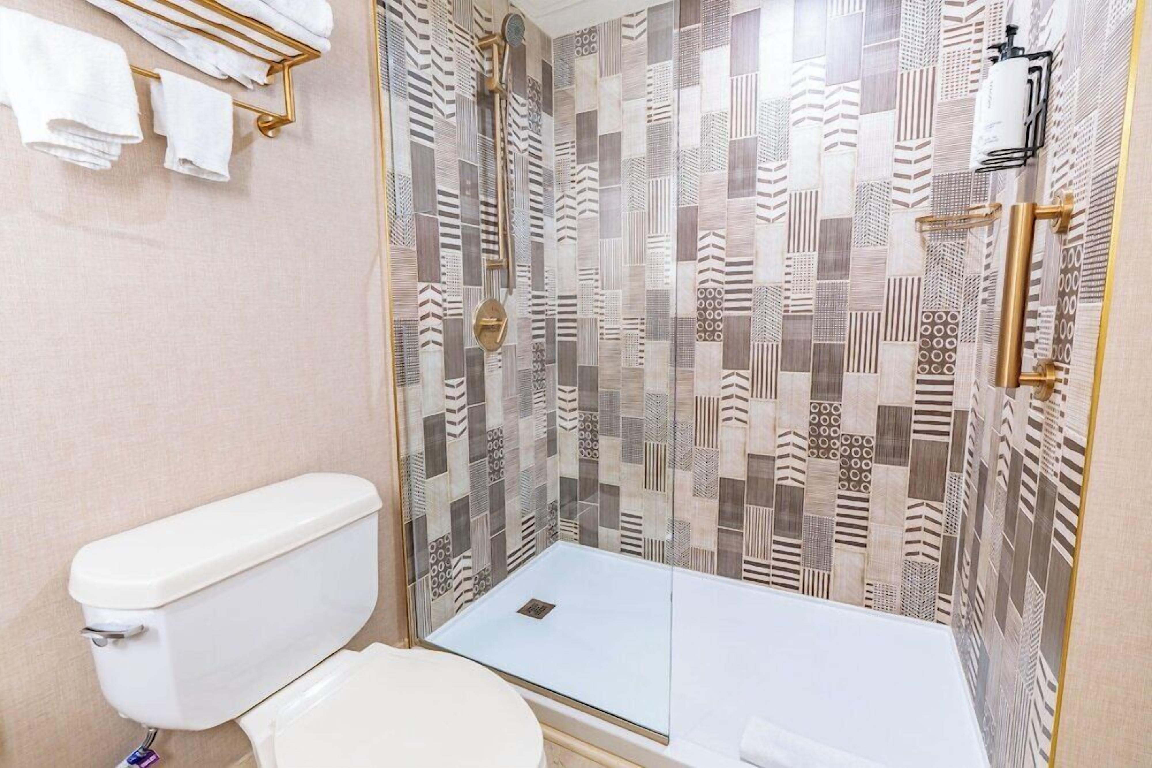 Une salle de bain équipée d’une douche, de toilettes et d’un porte-serviettes.
