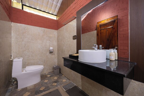 A modern bathroom with a toilet, sink, and mirror.