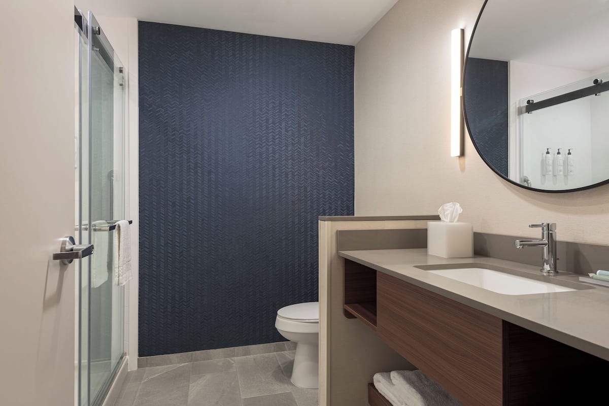 A modern bathroom with a glass shower enclosure, a white toilet, and a vanity with a mirror and sink.