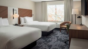 A hotel room with two beds, a desk, a chair, a TV, and a window with curtains. - Fairfield Inn & Suites Huntsville Madison (Madison)