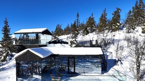 Una casa moderna de vidrio con techo nevado, rodeada de árboles y un cielo despejado.