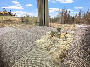A bedroom with a large bed, a view of the outdoors, and a window with curtains.
